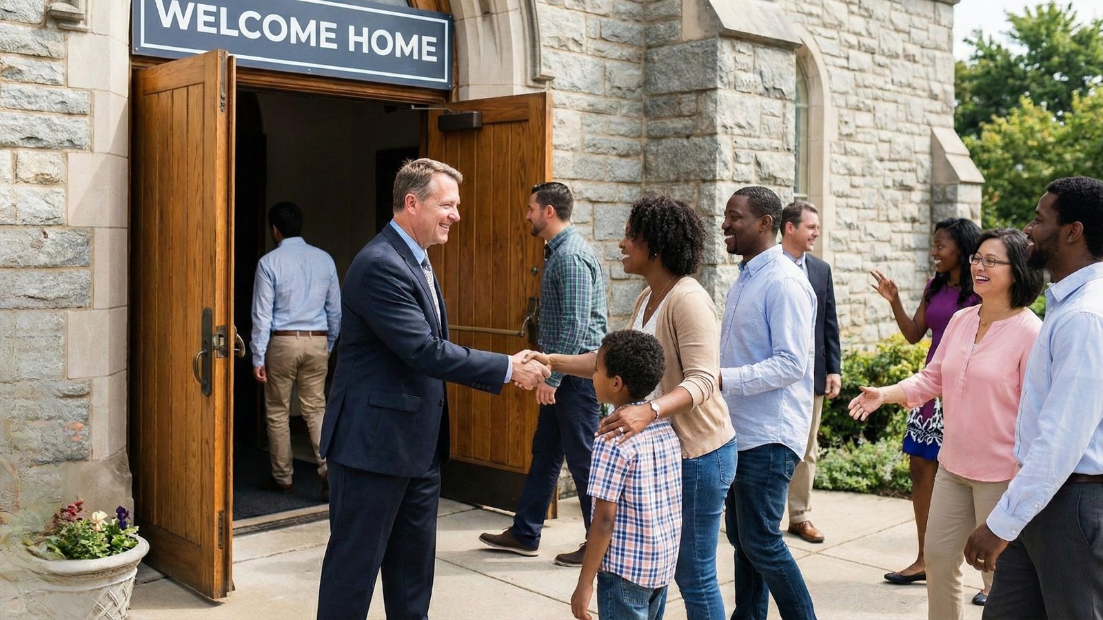 Pastor welcoming people